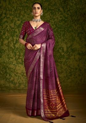 Maroon Printed Velvet Tusser Silk Saree