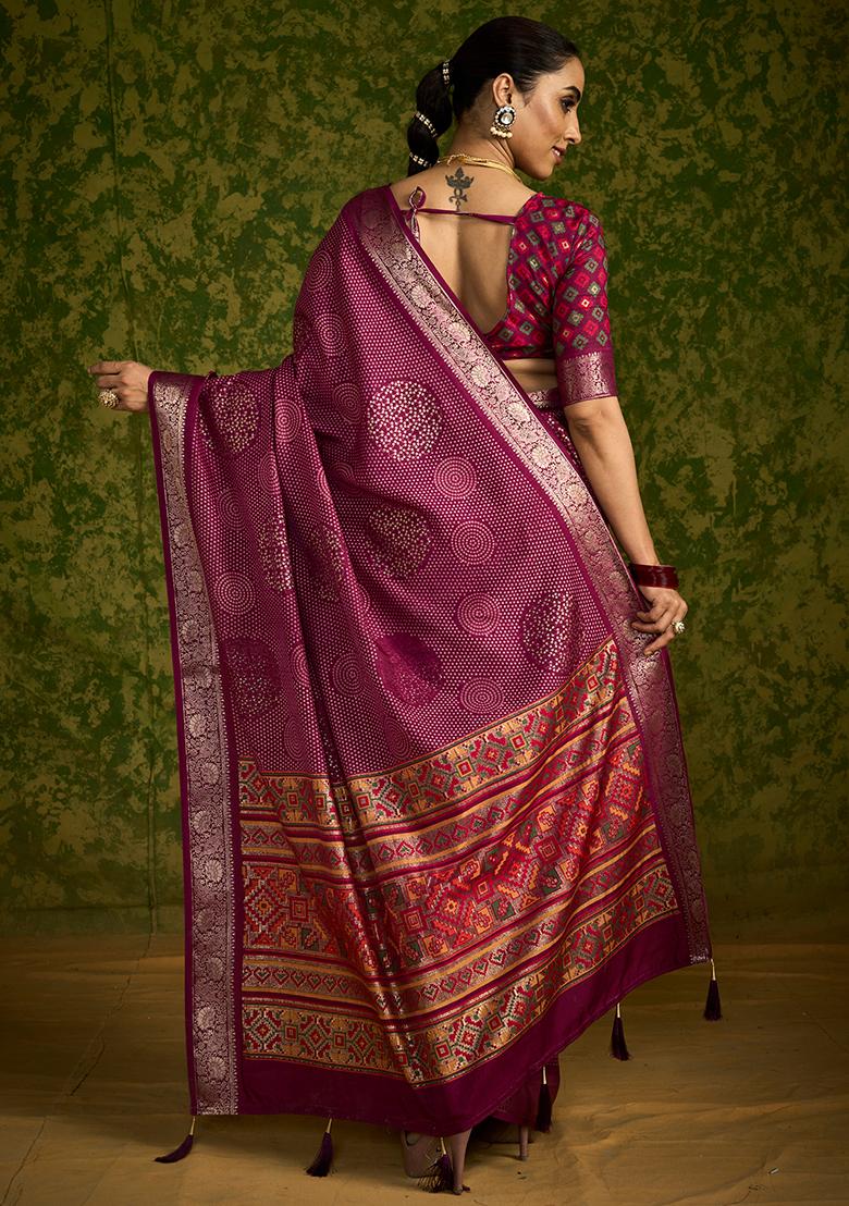 Maroon Printed Velvet Tusser Silk Saree