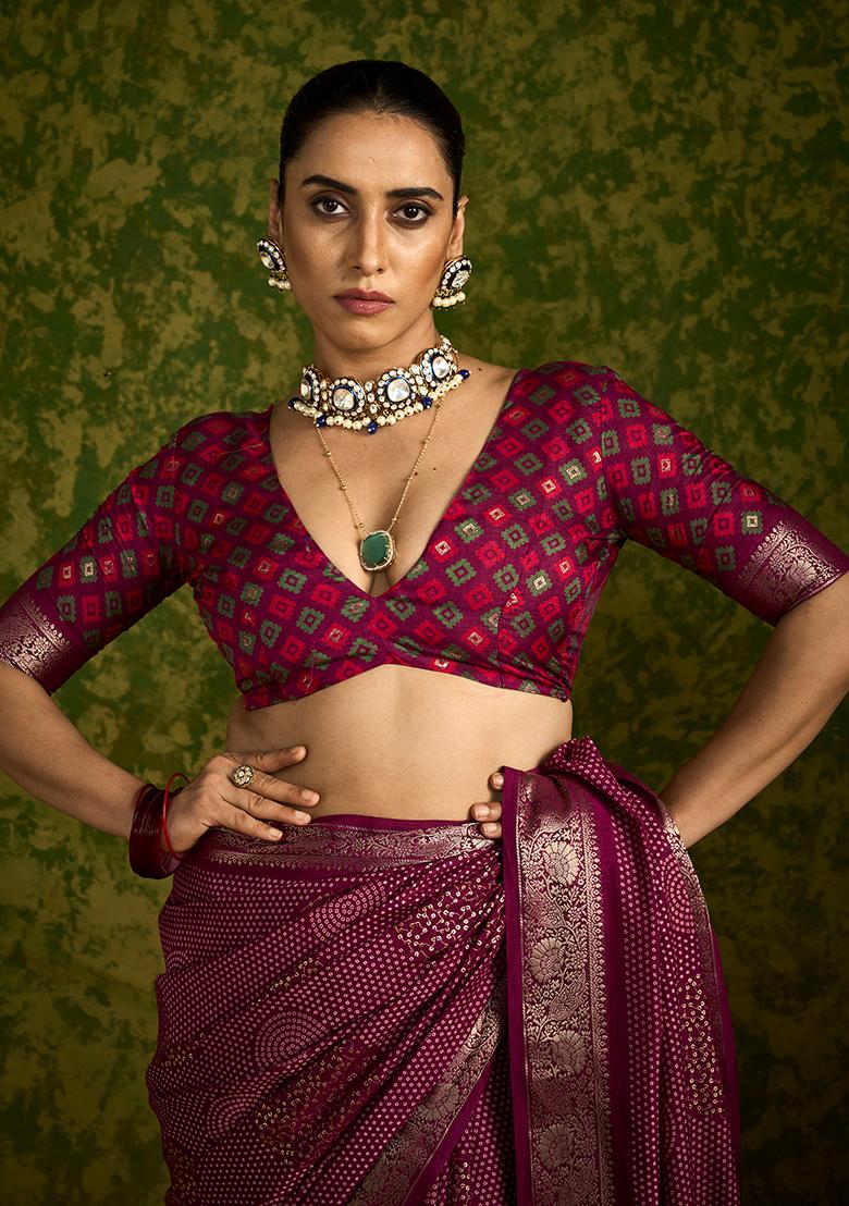 Maroon Printed Velvet Tusser Silk Saree