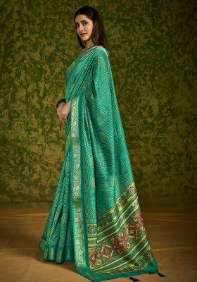 Bottle Green Printed Velvet Tusser Silk Saree