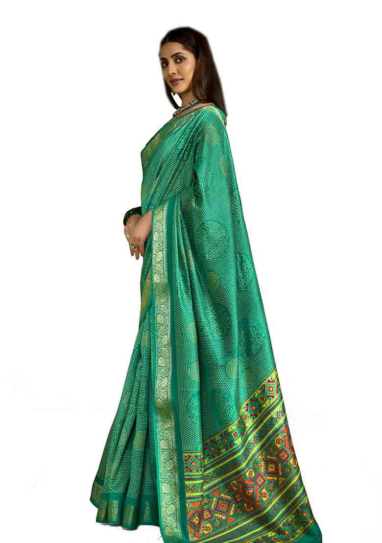 Bottle Green Printed Velvet Tusser Silk Saree