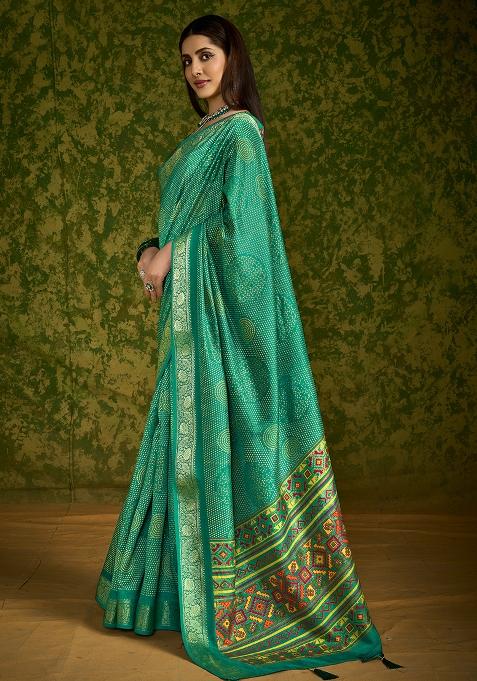 Bottle Green Printed Velvet Tusser Silk Saree
