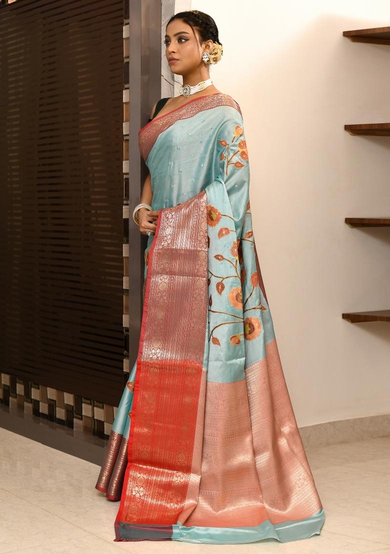 Green and Orange Mirror Work Kataan Silk Saree Set