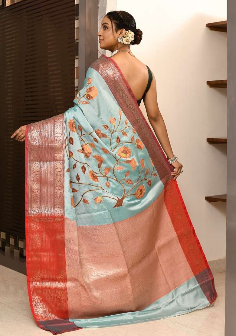 Green and Orange Mirror Work Kataan Silk Saree Set - Indya