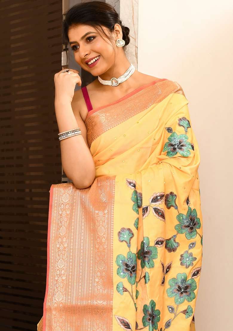 Yellow Pink Mirror Work Kataan Silk Saree Set - Indya