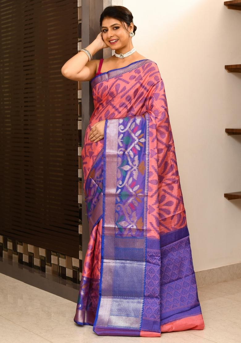 Blue And Orange Ikkat Kataan Silk Saree Set