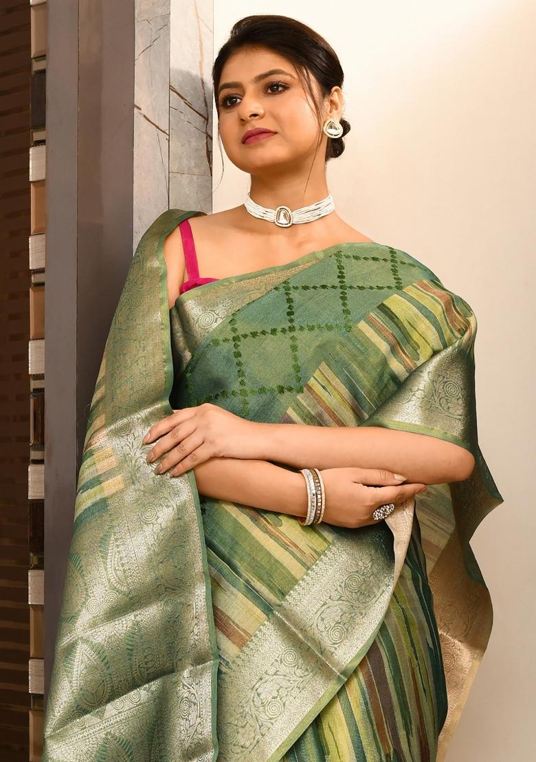 Green Digital Print Tissue Saree Set