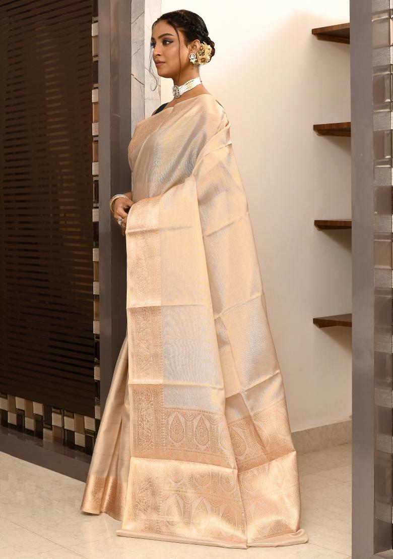Cream Solid Tissue Saree Set