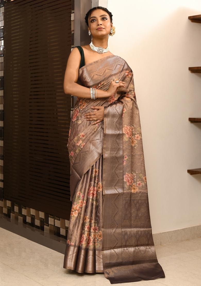 Cofee Brown Digital Print Tissue Saree Set