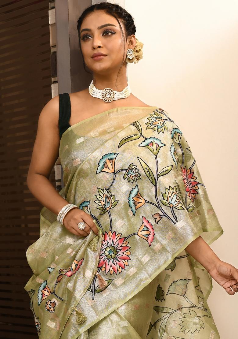 Green Zari Buti Tissue Saree Set