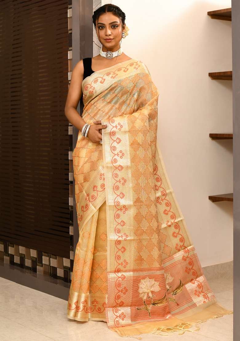 Light Orange embroidered Tissue Saree Set - Indya