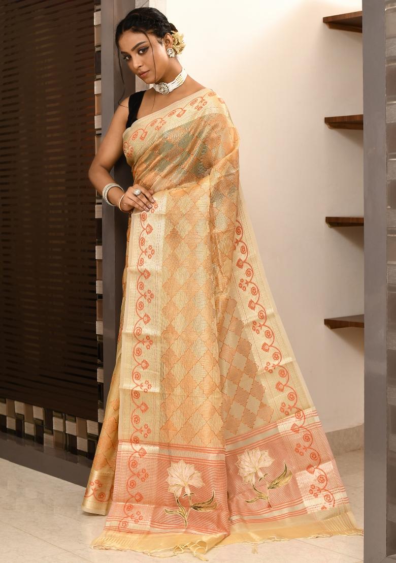 Light Orange embroidered Tissue Saree Set