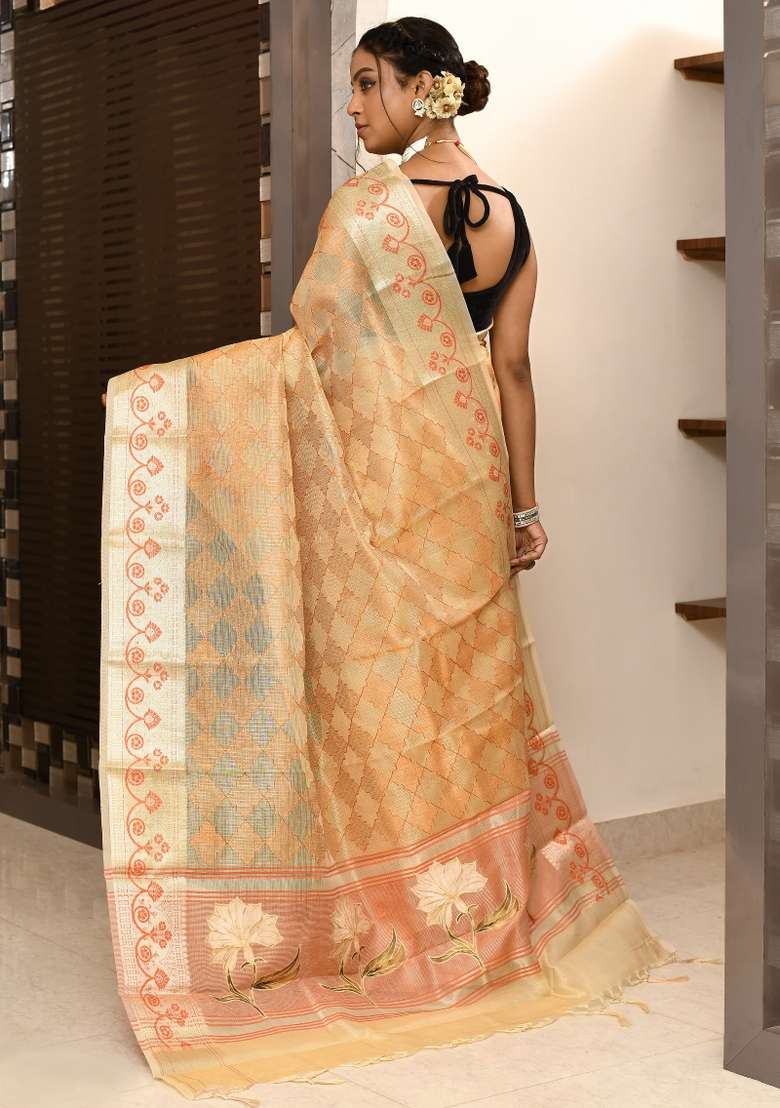 Light Orange embroidered Tissue Saree Set - Indya