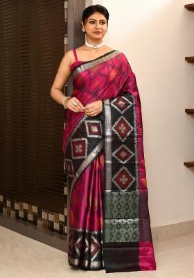 Black And Pink Ikkat Kataan Silk Saree Set