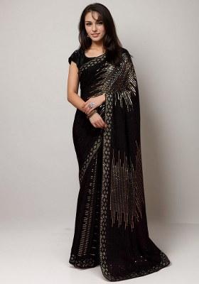 Gold Embroidered Faux Georgette Saree Set