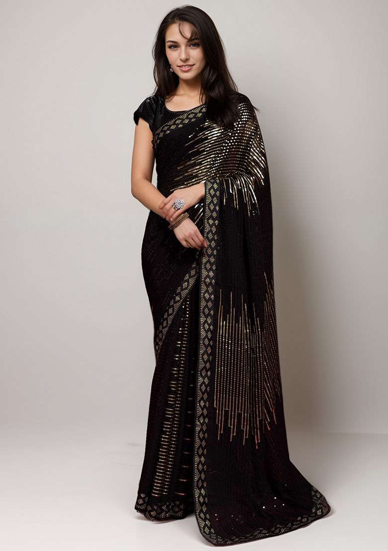 Gold Faux Georgette Saree Set with Embroidered for Diwali | Wedding & Festive Wear - Indya