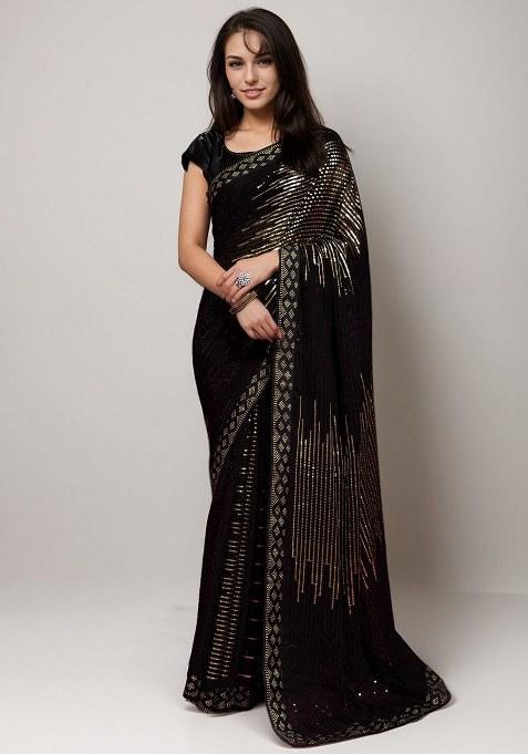 Gold Embroidered Faux Georgette Saree Set