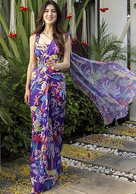 Purple Digital Print Georgette Saree Set
