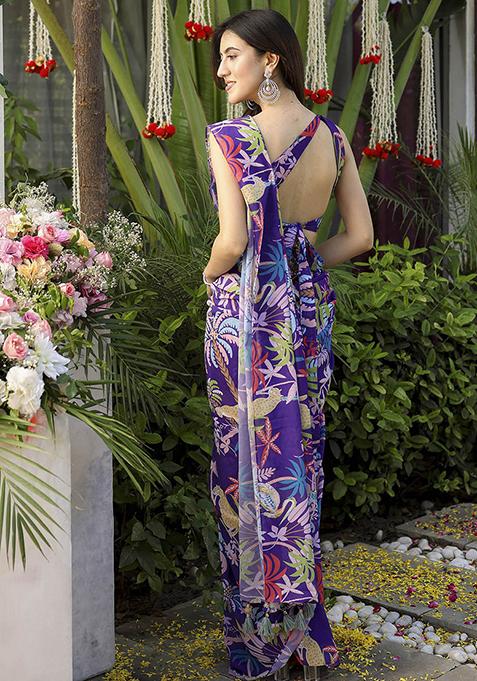 Purple Digital Print Georgette Saree Set