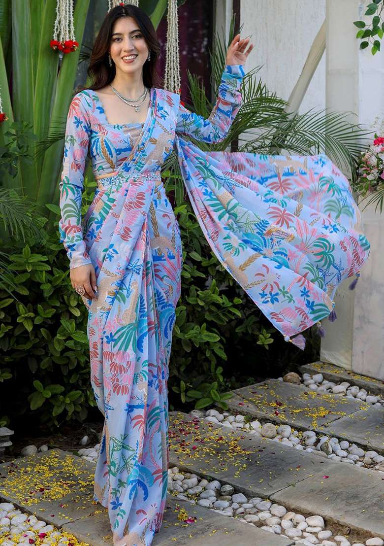 Sky Blue Digital Print Georgette Saree Set - Indya