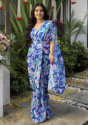 Blue Digital Print Georgette Saree Set