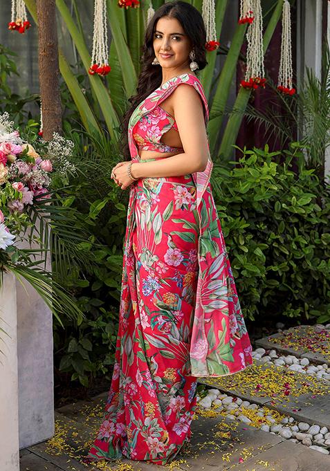 Gajari Pink Digital Print Georgette Saree Set