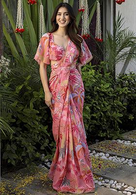 Peach Digital Print Georgette Saree Set