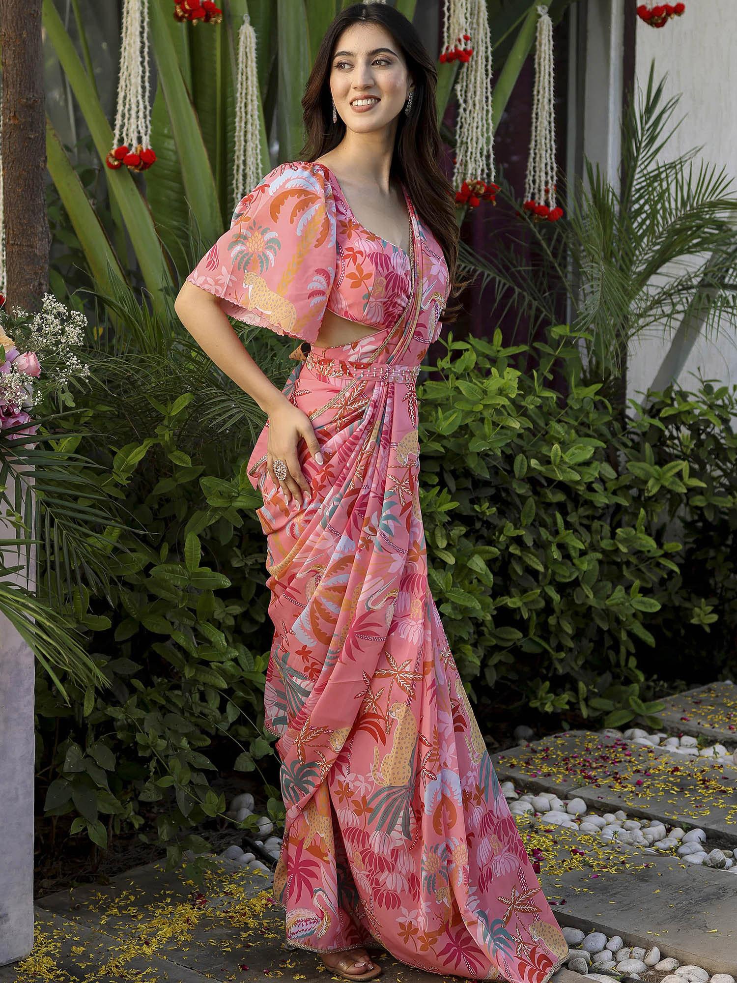 Peach Digital Print Georgette Saree Set