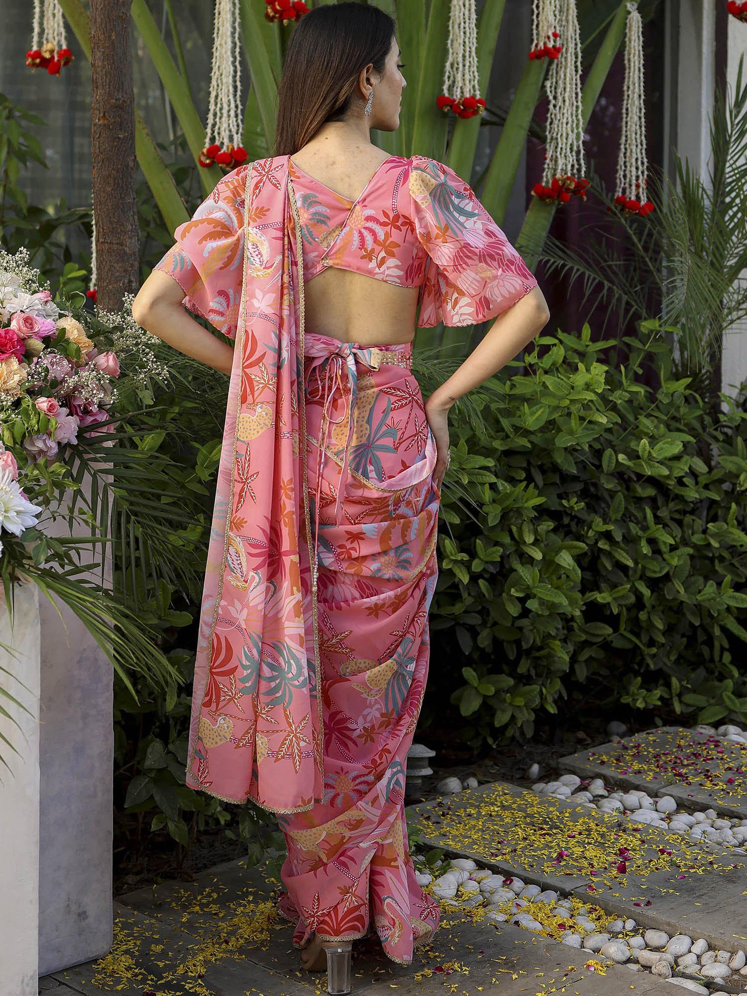 Peach Digital Print Georgette Saree Set