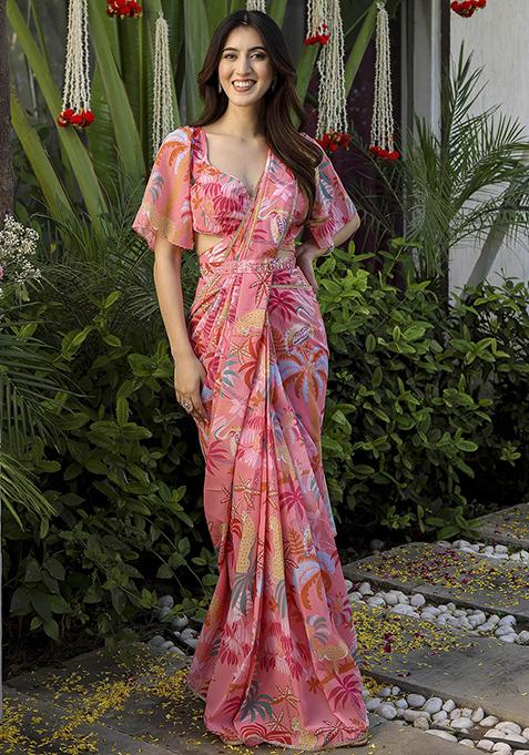 Peach Digital Print Georgette Saree Set