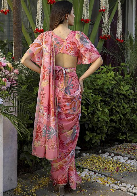 Peach Digital Print Georgette Saree Set