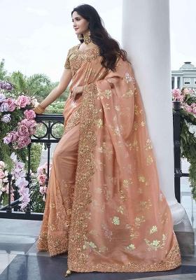 Peach Poly Blend Embroidered Saree