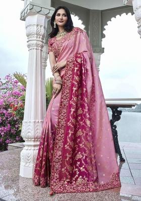 Pink Poly Blend Embroidered Saree