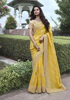 Yellow Poly Blend Embroidered Saree