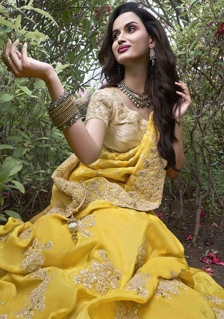 Yellow Poly Blend Embroidered Saree