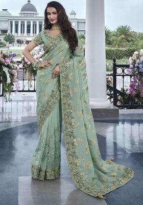 Green Poly Blend Embroidered Saree