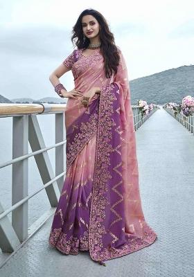 Purple Poly Blend Embroidered Saree