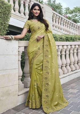 Green Poly Blend Embroidered Saree