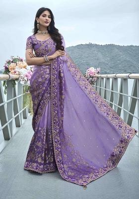 Purple Poly Blend Embroidered Saree