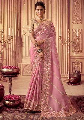 Pink Poly Blend Embroidered Saree