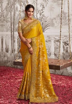 Yellow Poly Blend Embroidered Saree