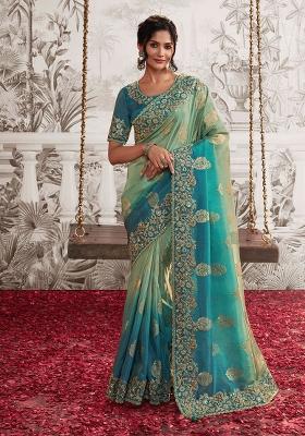 Blue Poly Blend Embroidered Saree