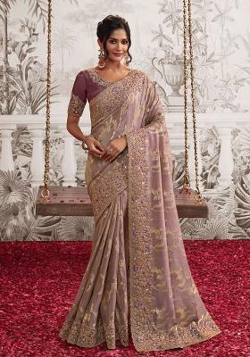 Wine Poly Blend Embroidered Saree