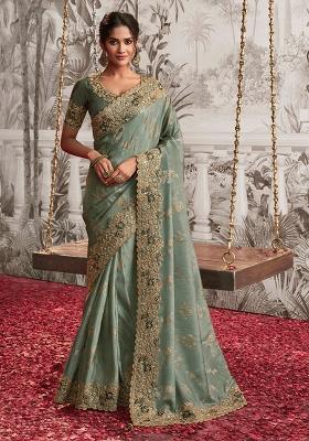 Green Poly Blend Embroidered Saree