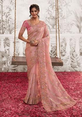Pink Poly Blend Embroidered Saree