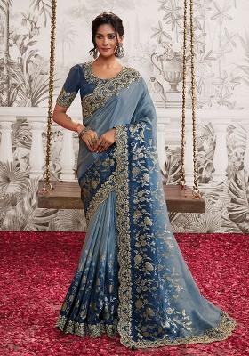 Blue Poly Blend Embroidered Saree