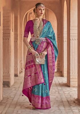 Blue Poly Blend Embroidered Saree