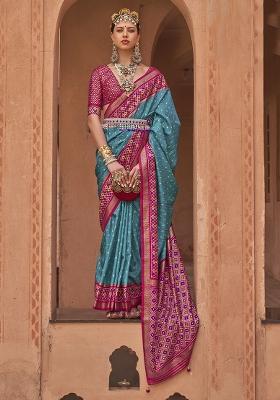 Blue Poly Blend Embroidered Saree