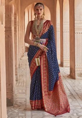 Blue Poly Blend Embroidered Saree