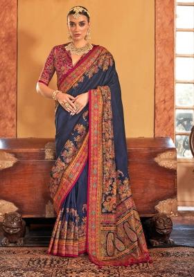Blue Poly Blend Embroidered Saree